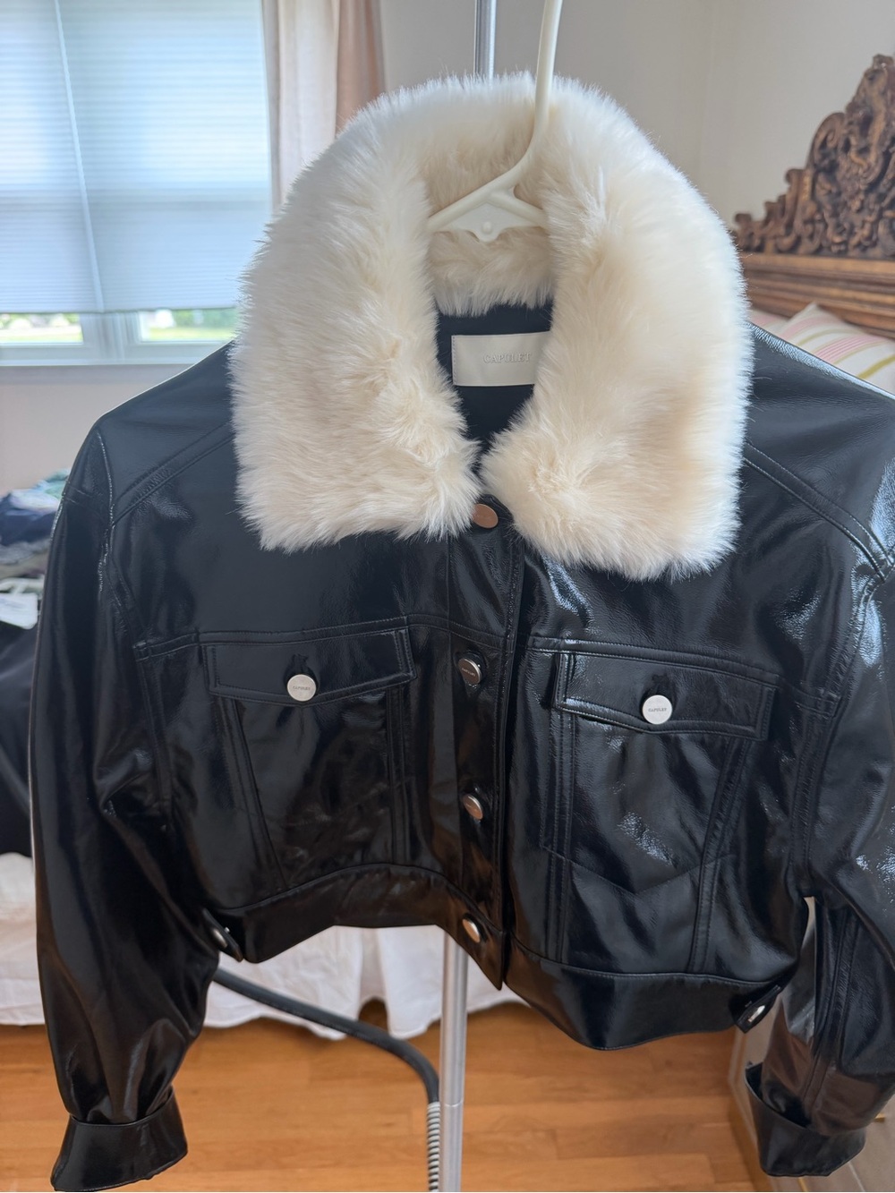Capulet Black Faux Leather Bomber Jacket with Cream Faux Fur Collar